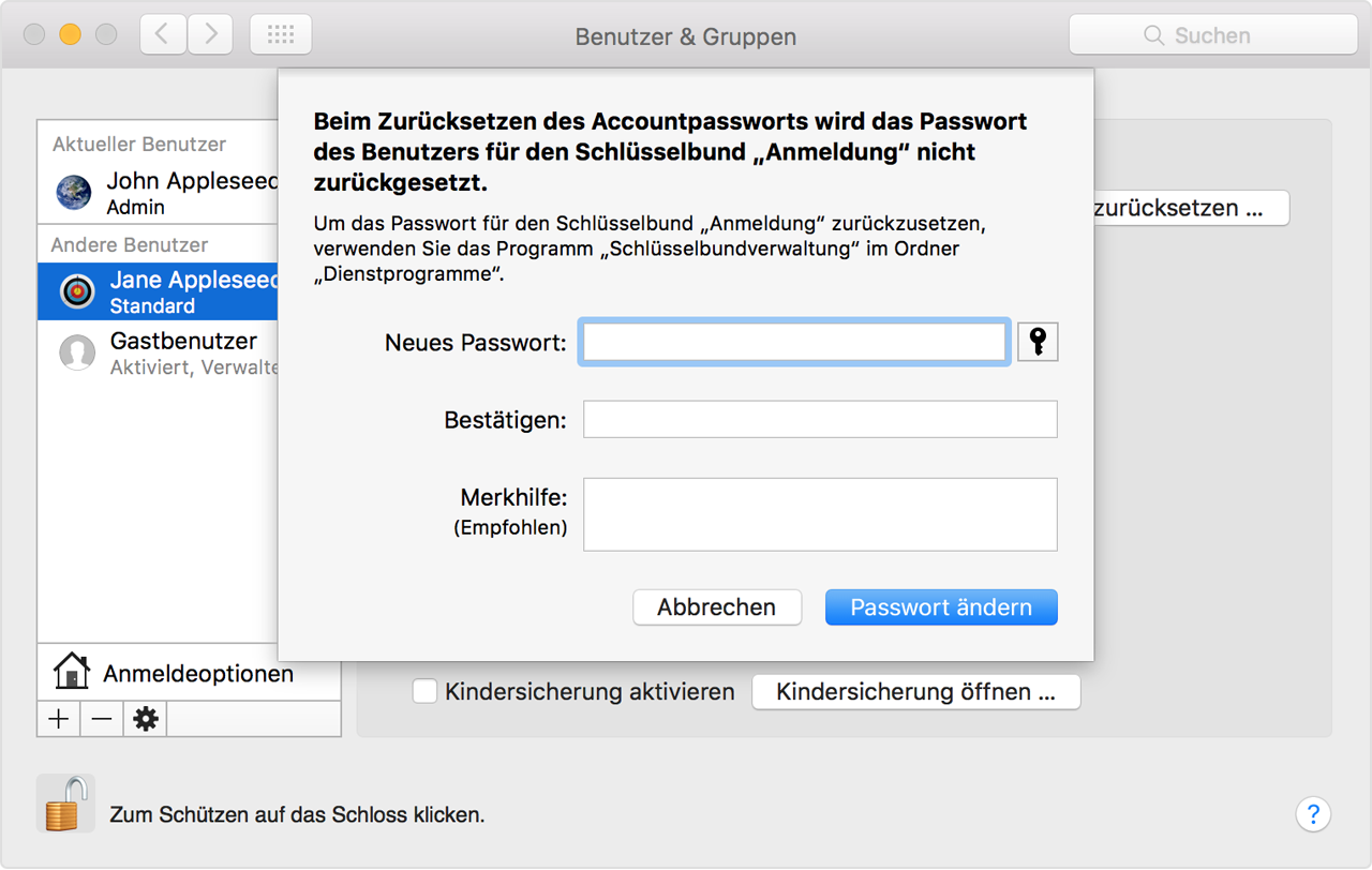 Das Passwort eines macOS-Benutzeraccounts in macOS Mojave oder älter ändern  oder zurücksetzen - Apple Support (DE)