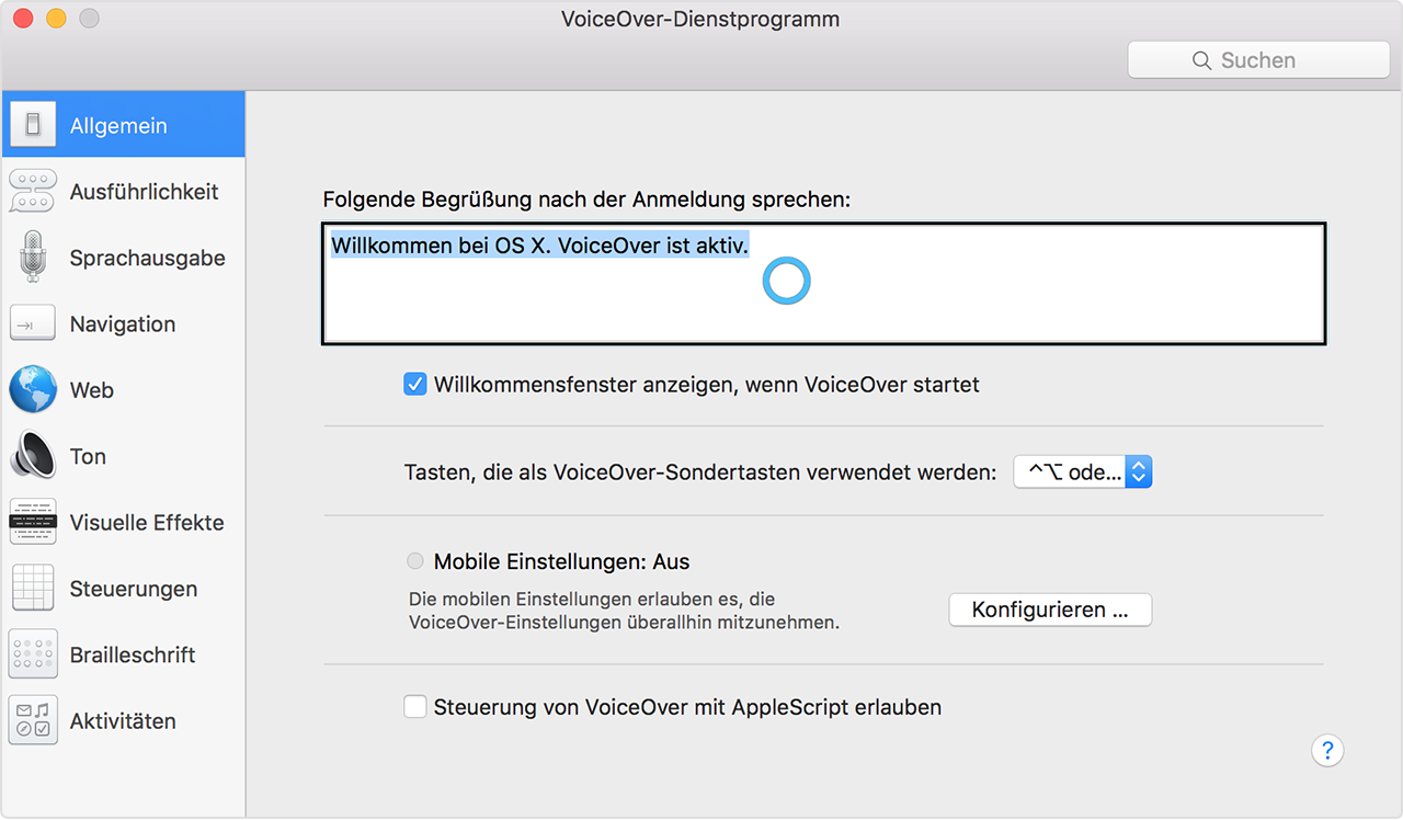 VoiceOver-Dienstprogramm-Fenster zeigt blauen Ring