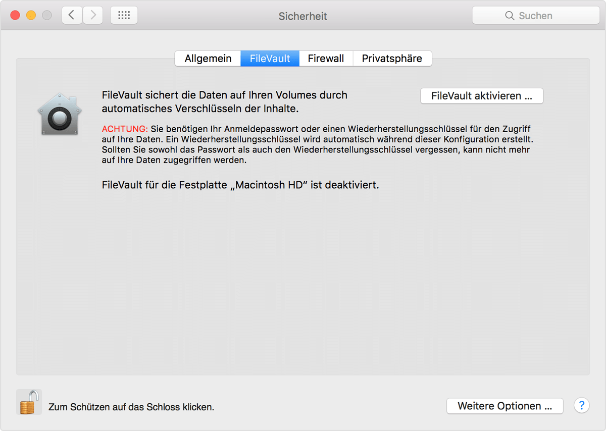 Das Startvolume Ihres Mac mit FileVault verschlüsseln - Apple Support (CH)