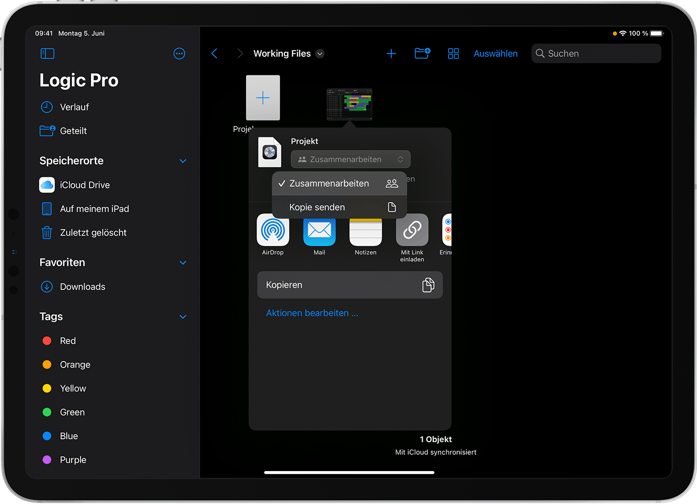 Standardordner in Logic Pro für iPad mit dem Fenster „Teilen“, in dem „Zusammenarbeiten“ im Einblendmenü ausgewählt ist