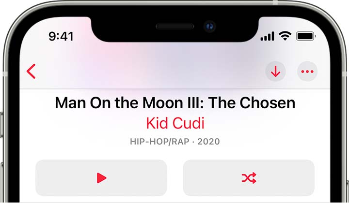 iPhone που δείχνει το κουμπί «Τυχαία σειρά» στο πάνω μέρος ενός άλμπουμ.