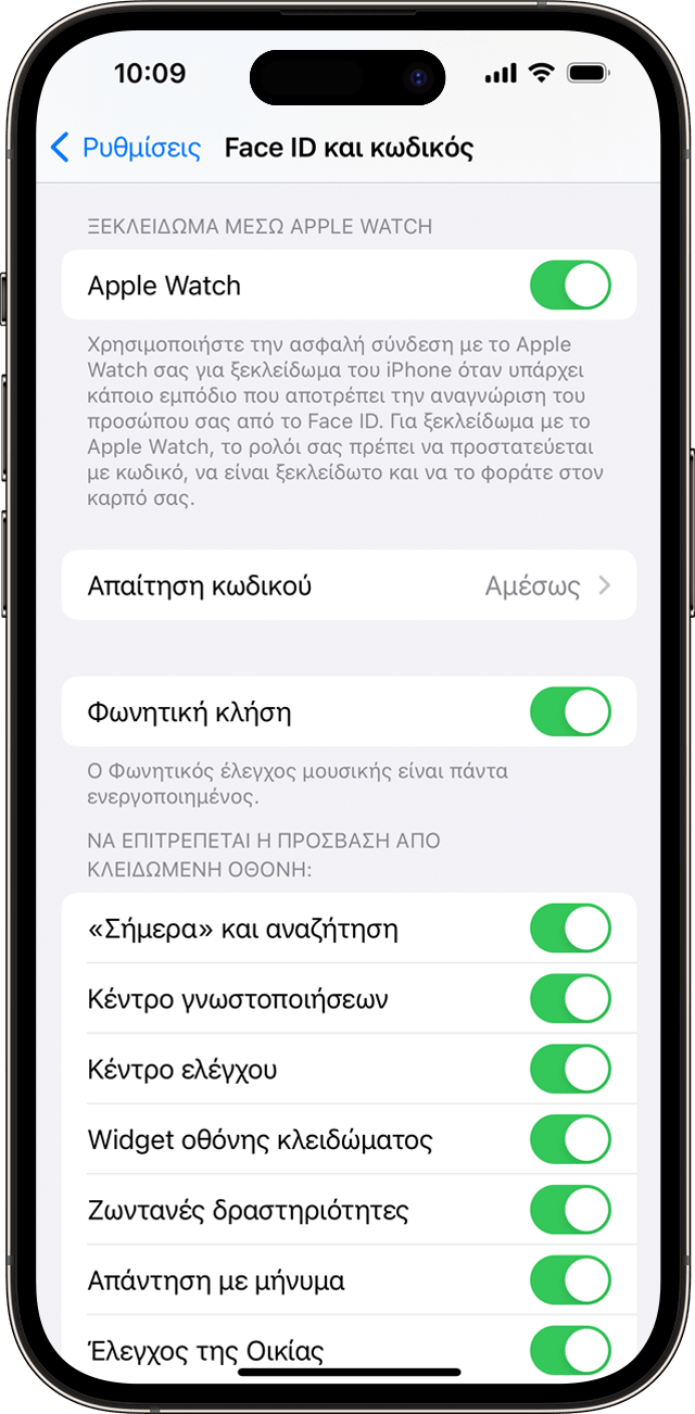 Στιγμιότυπο οθόνης που εμφανίζει τις επιλογές ρύθμισης «Face ID και κωδικός» στο iOS.