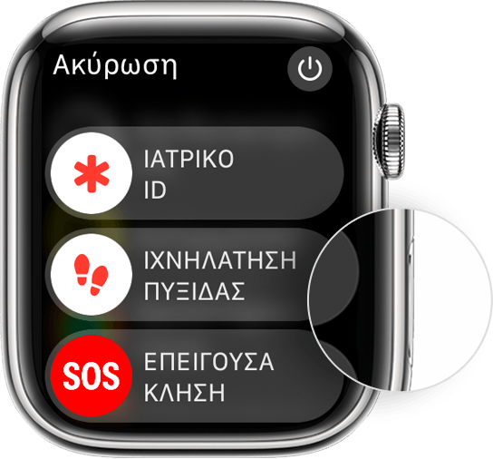 Apple Watch στο οποίο εμφανίζεται η θέση του πλευρικού κουμπιού, καθώς και του ρυθμιστικού «Απενεργοποίηση».