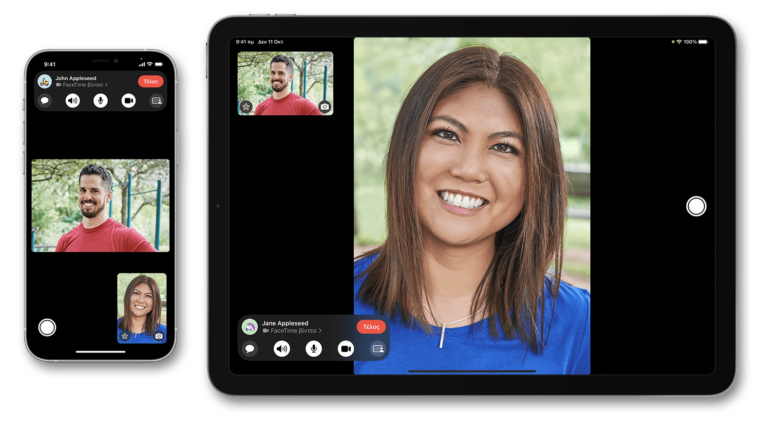 Ένα iPhone δίπλα σε ένα iPad. Και οι δύο συσκευές εμφανίζουν βιντεοκλήσεις FaceTime σε εξέλιξη.