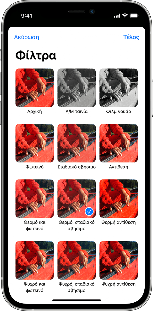 Οθόνη «Φίλτρα» της εφαρμογής Φωτογραφίες σε iPhone