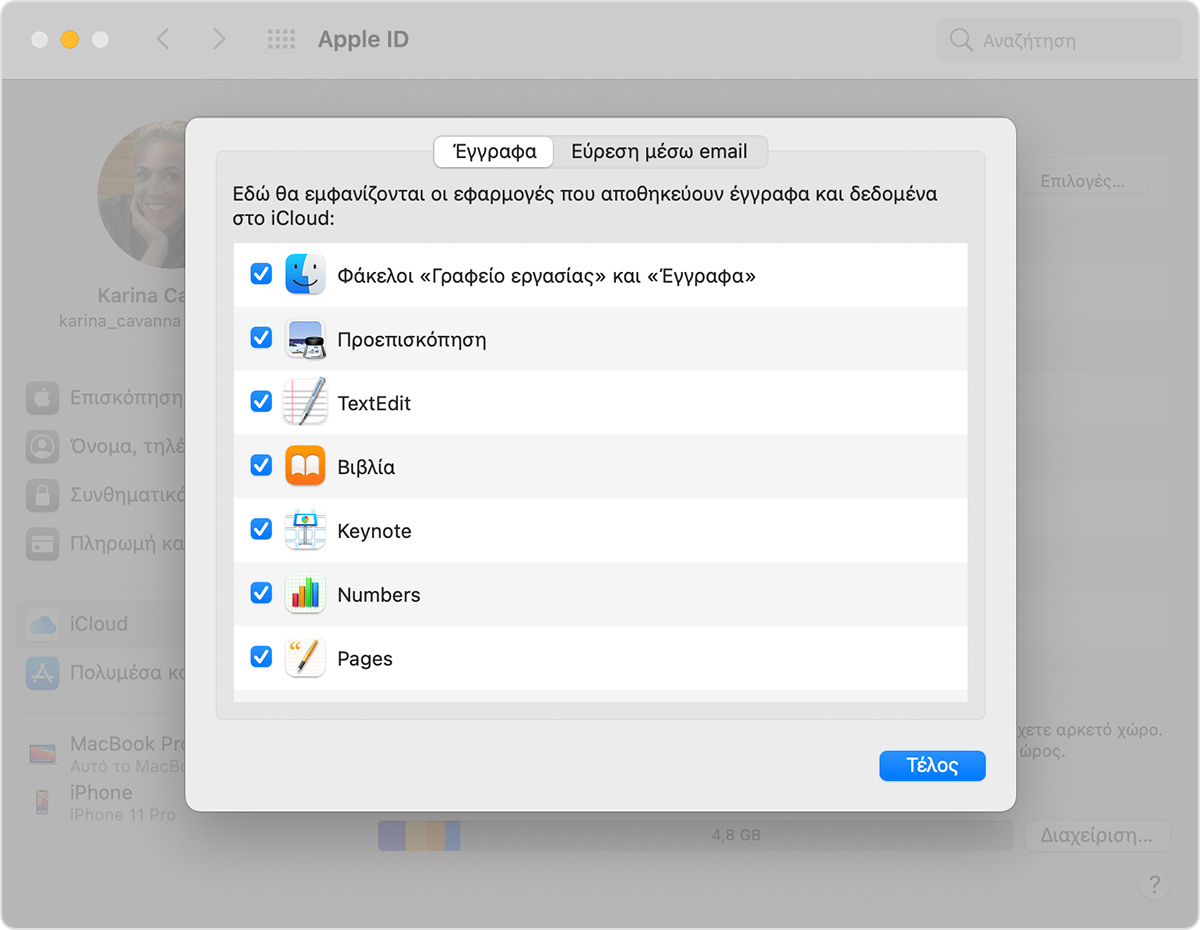Οθόνη επιλογών του iCloud Drive σε Mac με το στοιχείο «Φάκελοι 