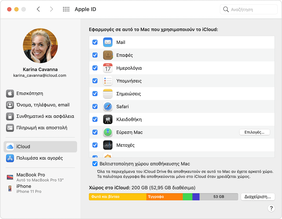 Επιλογή εφαρμογών για το iCloud σε Mac
