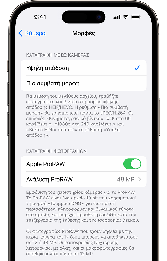 Στα μοντέλα iPhone 14 Pro, υπάρχουν δύο επιλογές για την ανάλυση ProRAW στις Ρυθμίσεις.