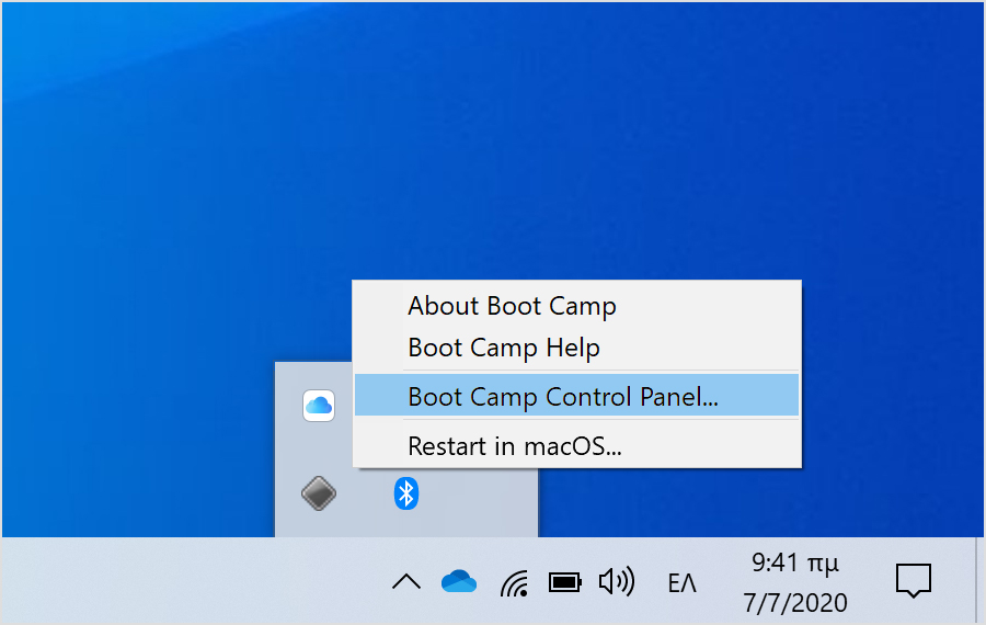 Μενού Boot Camp με τον Πίνακα ελέγχου Boot Camp επιλεγμένο