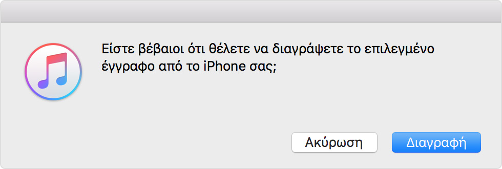 Οθόνη ειδοποίησης του iTunes που λέει, «Are you sure you want to delete the selected document from your iPhones?» (Θέλετε σίγουρα να διαγράψετε το επιλεγμένο έγγραφο από τα iPhone σας;) Οι επιλογές είναι «Ακύρωση» ή «Διαγραφή».