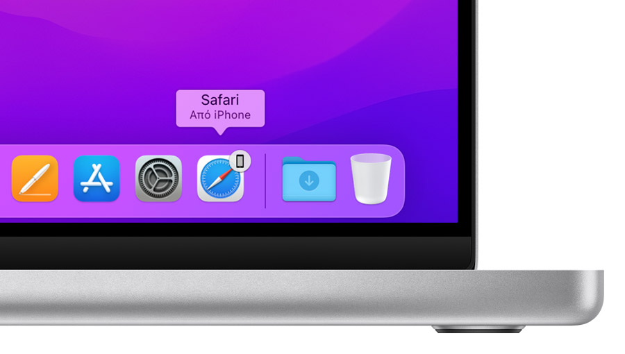 Το Dock στο macOS στο οποίο εμφανίζεται το εικονίδιο της εφαρμογής Safari με την ετικέτα «Από iPhone»