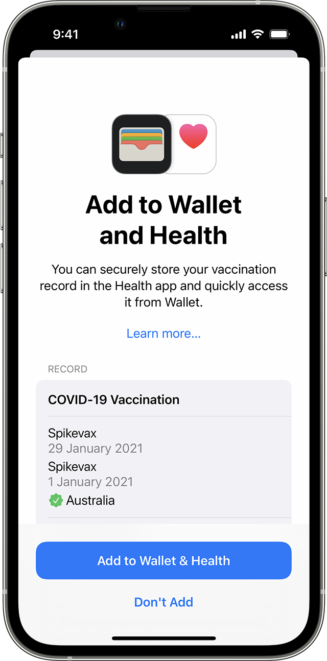 An iPhone screen showing a COVID-19 vaccination record to add to Wallet and Health