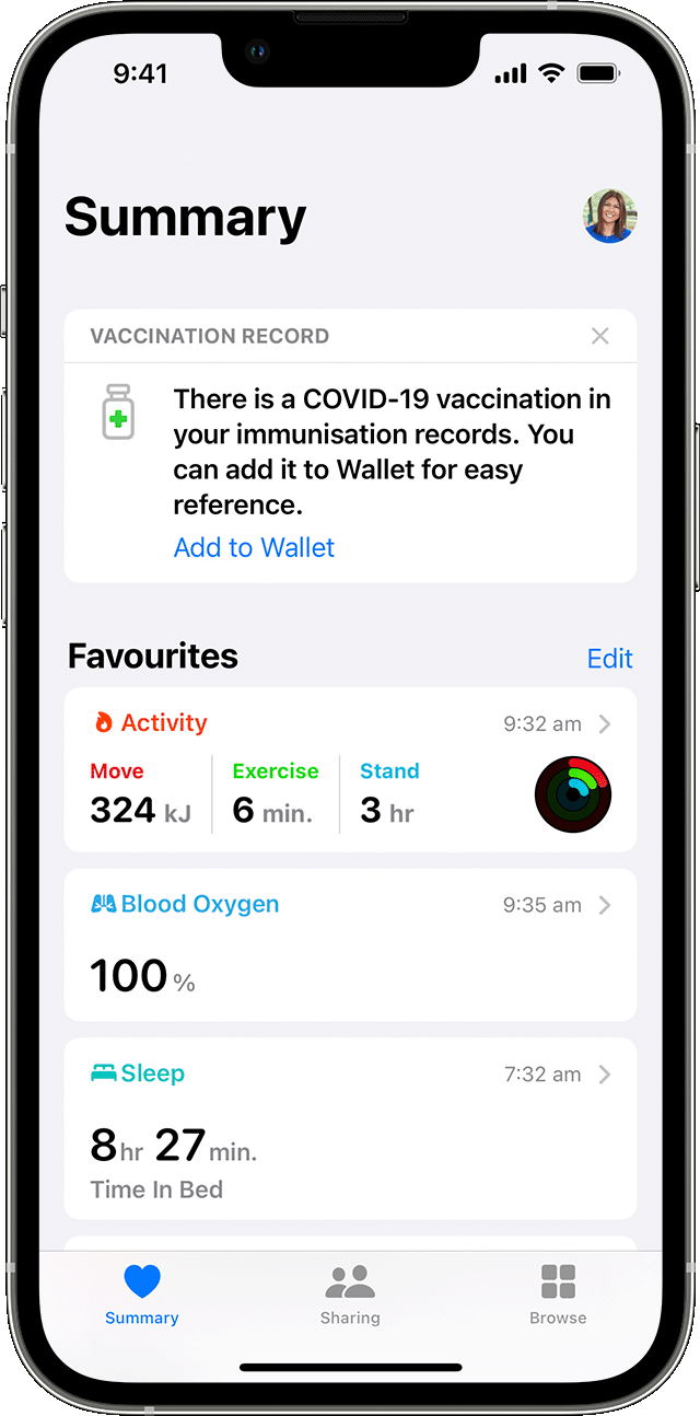 An iPhone screen showing the Summary tab of the Health app with a vaccination record to add to Wallet