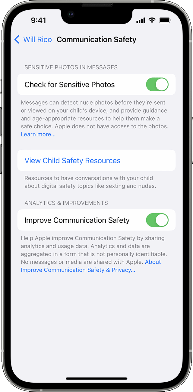 The Communication Safety options in Settings for iOS 16.