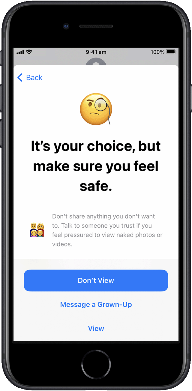 The sensitive photo options — Don’t View, Message a Grown-Up or View — in iOS 16.