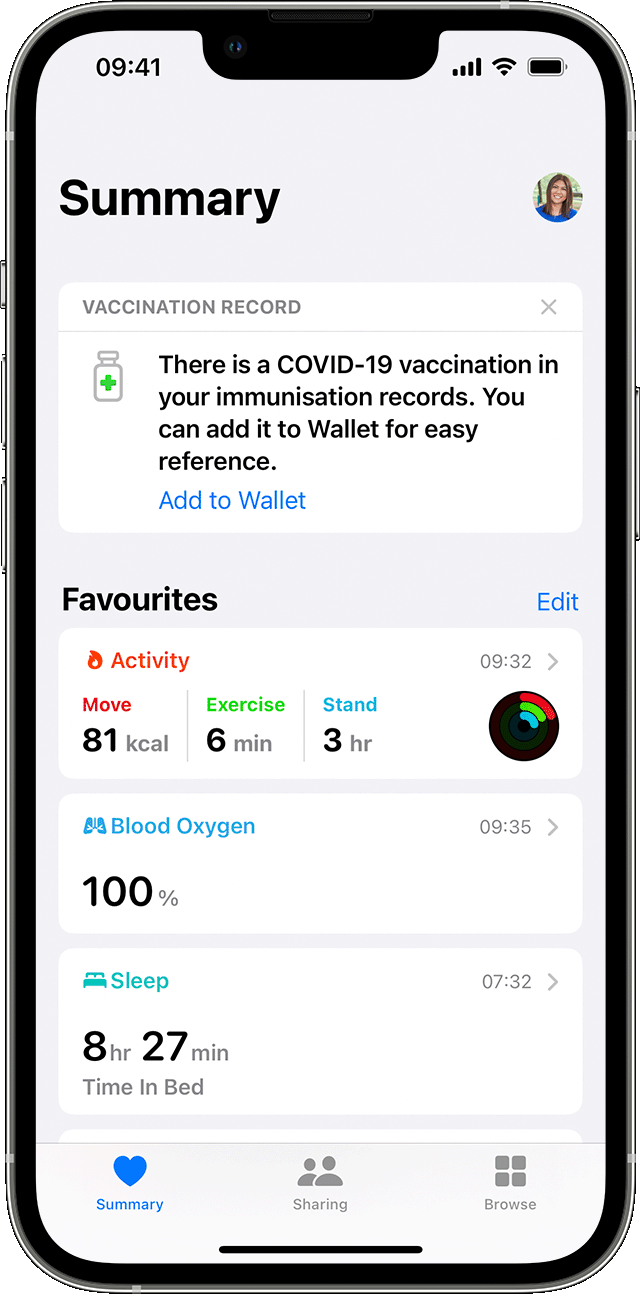 iPhone screen showing the Summary tab of the Health app with a vaccination record to add to Wallet