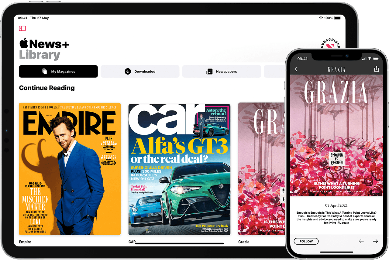 iPad and iPhone showing the Apple News+ Library
