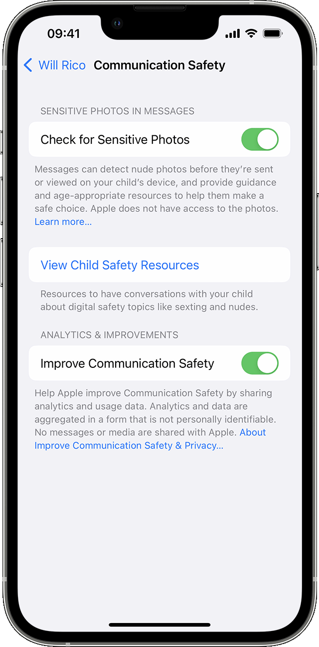 The Communication Safety options in Settings for iOS 16.
