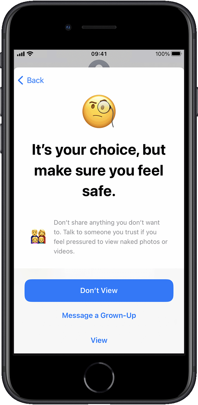 The sensitive photo options – Don't View, Message a Grown-Up or View – in iOS 16.