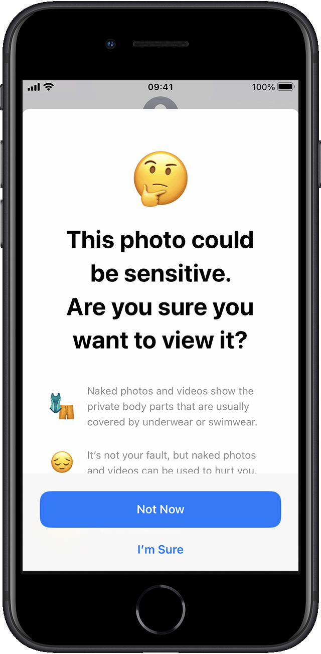The sensitive photo warning screen in iOS.
