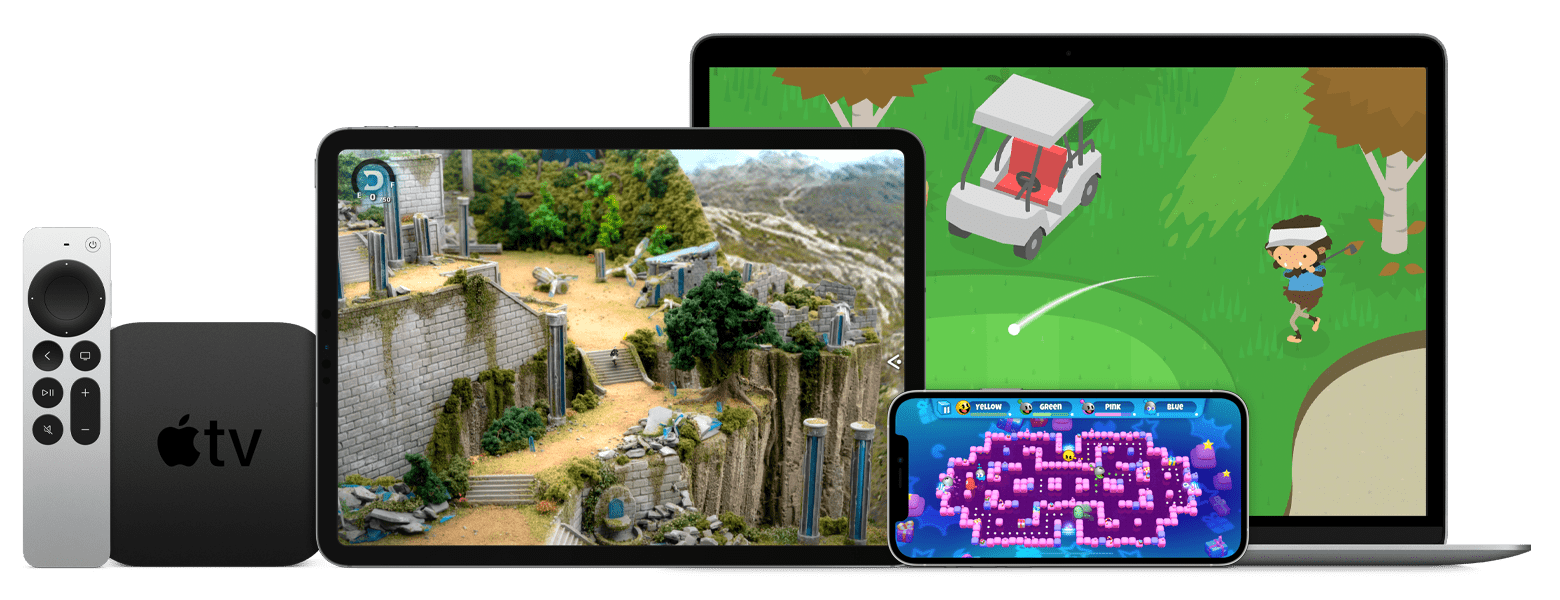 Ekranlarında oyunlar gösterilen iPad Pro, iPhone ve MacBook Air'ın yanında Apple TV