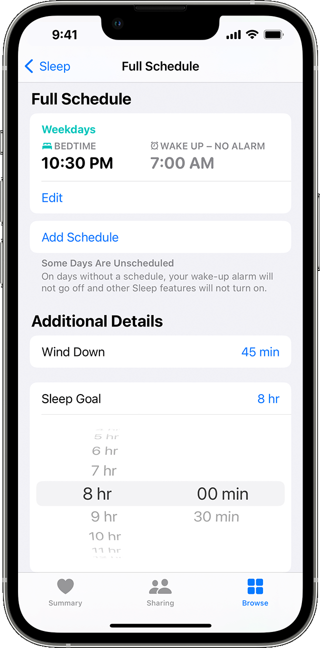 Tela do iPhone mostrando as opções para ajustar uma meta de sono