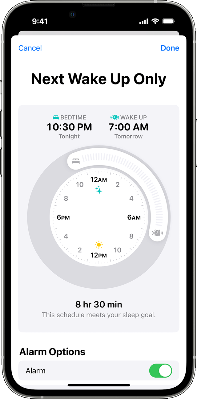 iPhone screen showing the options to edit Next Wake Up Only