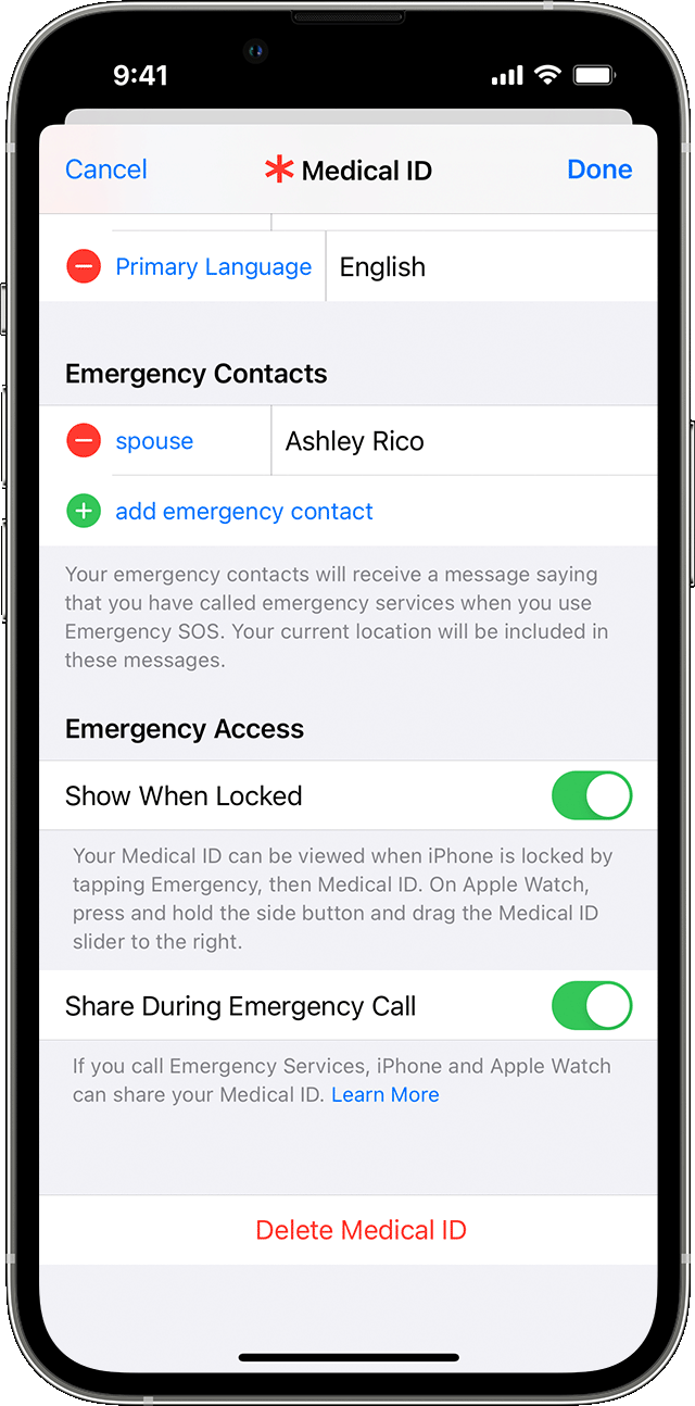 iPhone s obrazovkou nastavení Zdravotného ID, na ktorej môžete pridávať tiesňové kontakty.