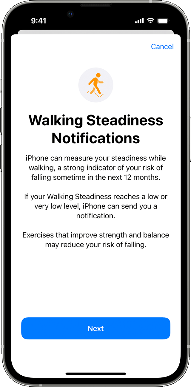 An iPhone screen displaying the setup page for Walking Steadiness
