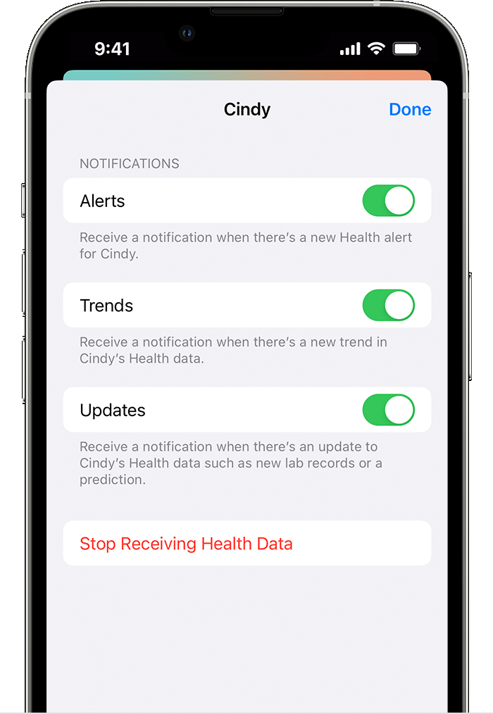 An iPhone screen showing the options to turn off Alerts, Trends, or Updates when sharing health data with another person.