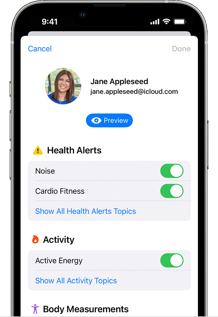 An iPhone screen showing the available health topics you can add or stop sharing.