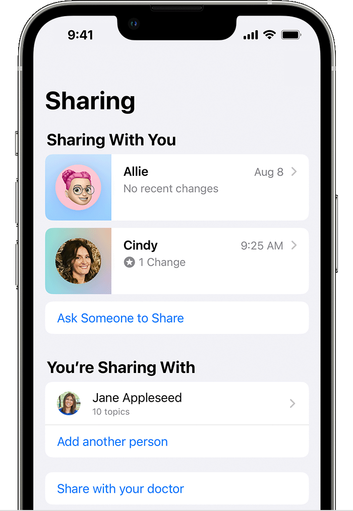 An iPhone screen showing the Sharing tab of the Health app.