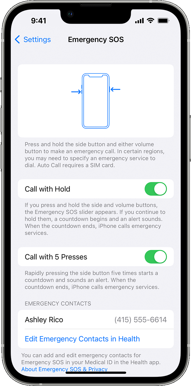 iPhone s obrazovkou SOS, na ktorej môžete telefónu povoliť automatické volanie záchranných služieb.