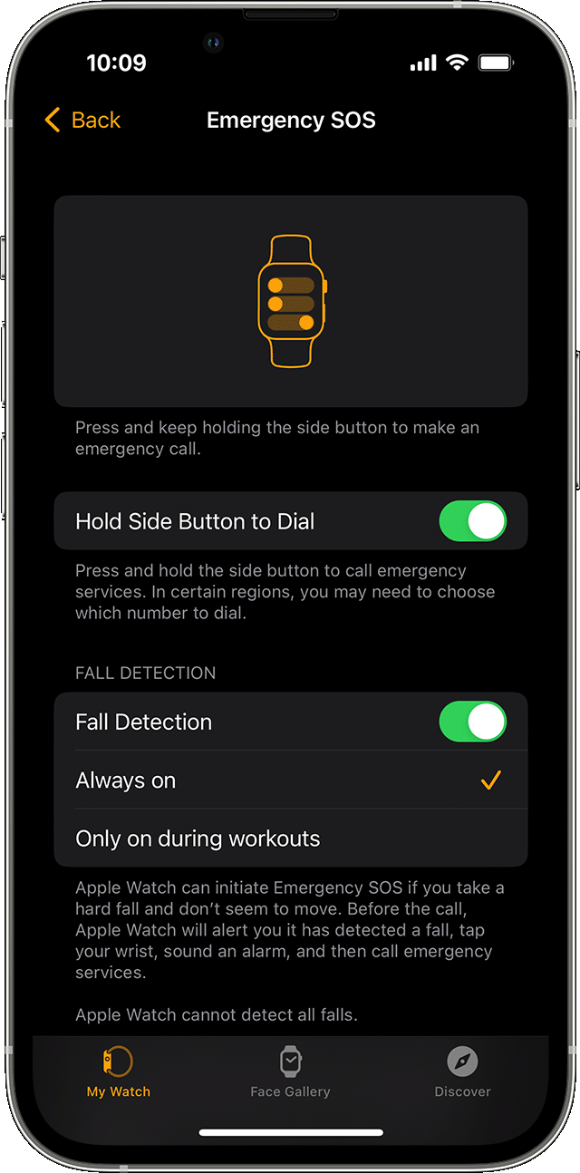 Un ecran de iPhone afișând opțiunea de a activa funcționalitatea Detectare cădere