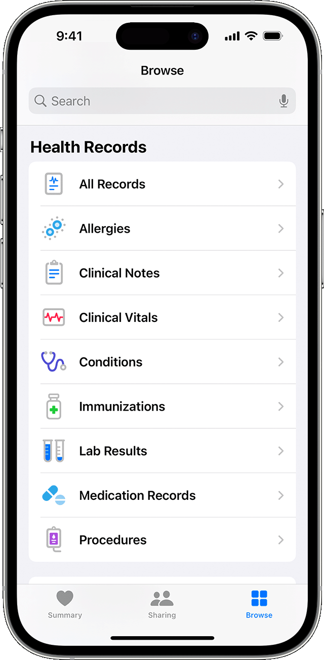 شاشة iPhone تعرض قائمة بالسجلات الصحية المتاحة التي يمكن مشاركتها من مقدم الرعاية الصحية الخاص بك.