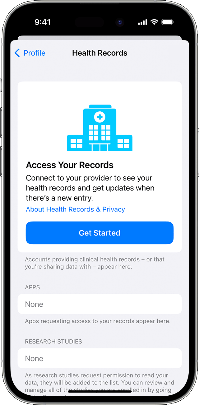 Ein iPhone-Display mit der Taste „Erste Schritte“, um eine Verbindung zu deinem Arzt herzustellen.