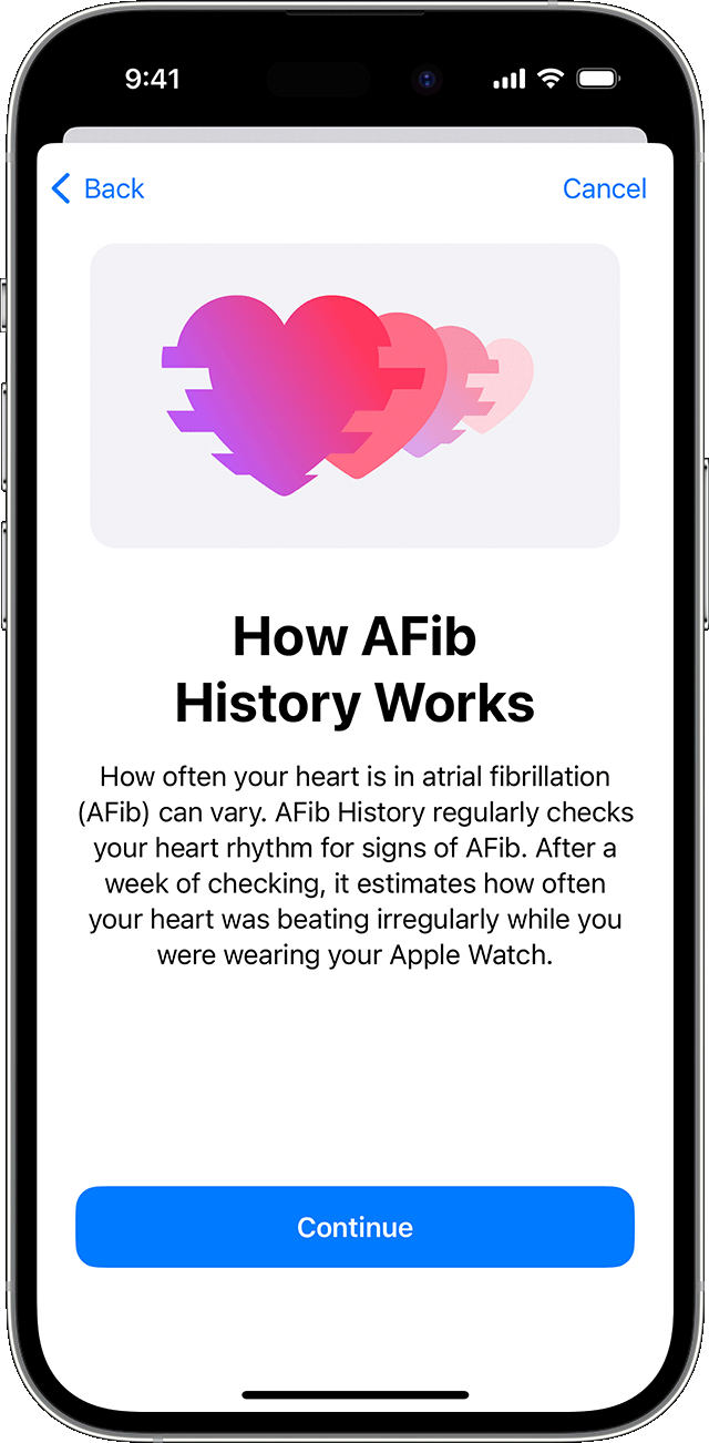 iPhone ierīce, kurā parādīts iestatīšanas ekrāns How Afib History Works (Kā darbojas sirds priekškambaru fibrilācijas vēsture)