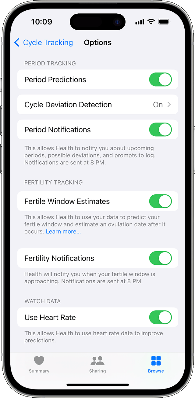 Cycle tracking options for period and fertility tracking notifications on iPhone