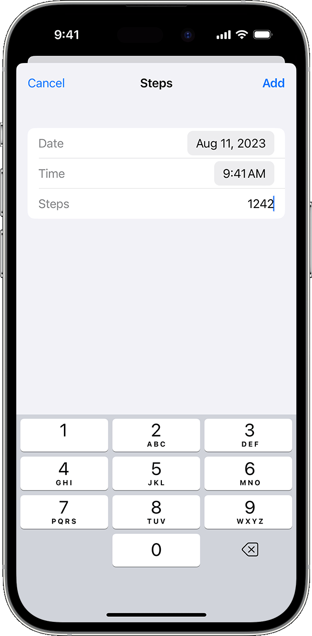La fecha, la hora y la cantidad de pasos ingresados en Actividad en un iPhone.