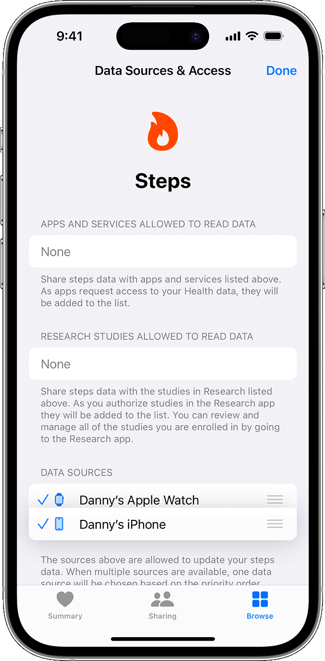 The available data sources and access for the Steps subcategory on iPhone.