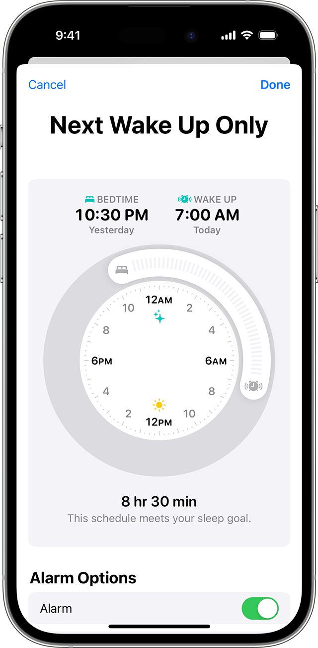 iPhone screen showing the options to edit Next Wake Up Only