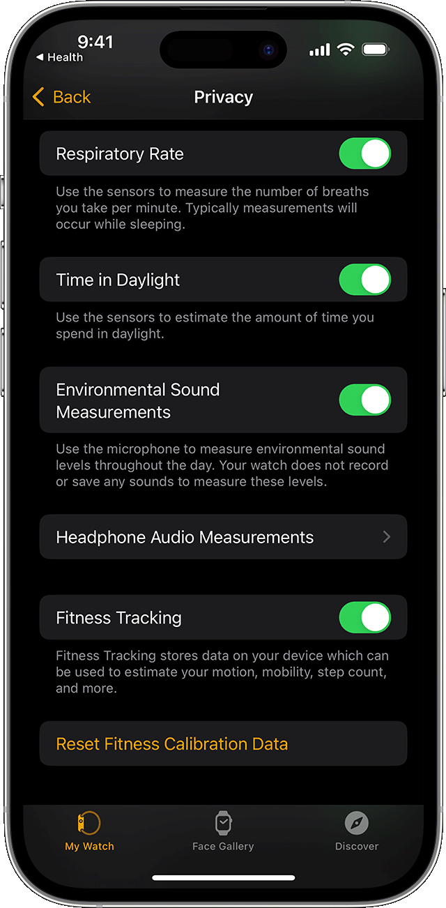 Las opciones de privacidad disponibles en la app Watch en un iPhone.