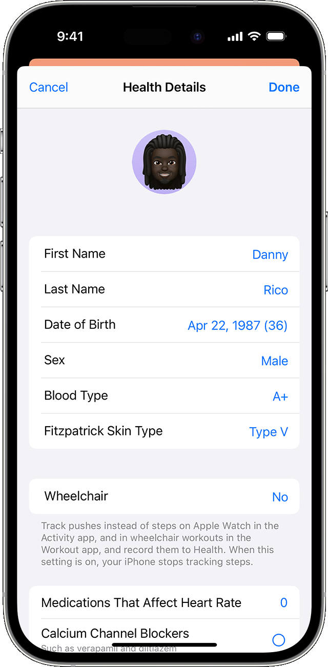 iPhonen Terveystiedot-näyttö, jossa näkyvät terveysprofiilin tiedot, kuten syntymäaika ja veriryhmä.
