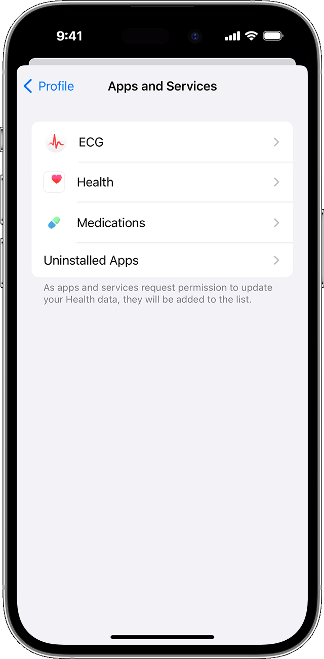 Ein iPhone-Bildschirm, auf dem die Apps und Dienste angezeigt werden, die zur Aktualisierung der Gesundheitsdaten berechtigt sind.