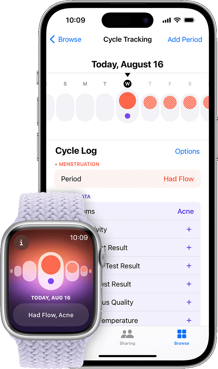 The Cycle Tracking app on your Apple Watch and the Health app on your iPhone