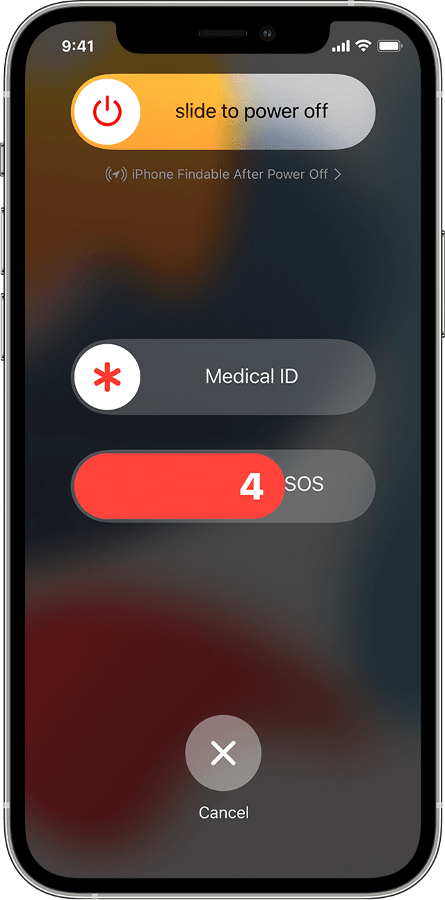 iPhone displaying the power off slider, the Medical ID slider and the Emergency SOS slider. The Emergency SOS slider is counting down.