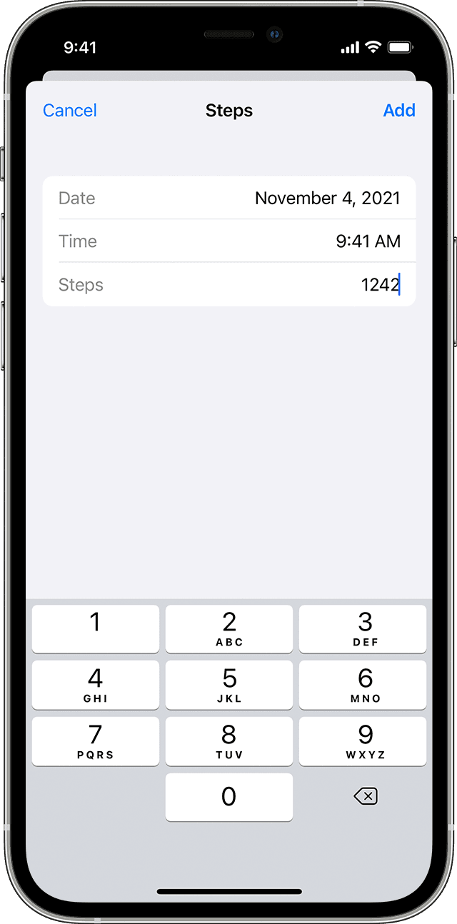 The Date, Time and number of Steps entered for Activity on an iPhone.