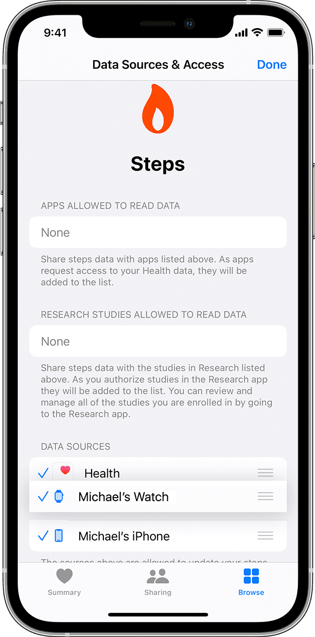 The available data sources and access for the Steps subcategory on iPhone.