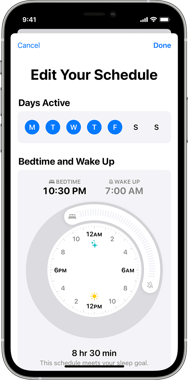 An iPhone screen showing the options to edit a full sleep schedule