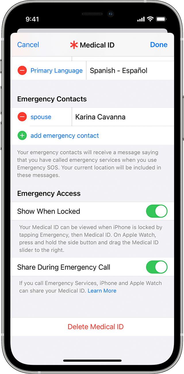 Un iPhone en el que se muestra la pantalla de ajustes de Ficha médica, donde puedes agregar contactos de emergencia.
